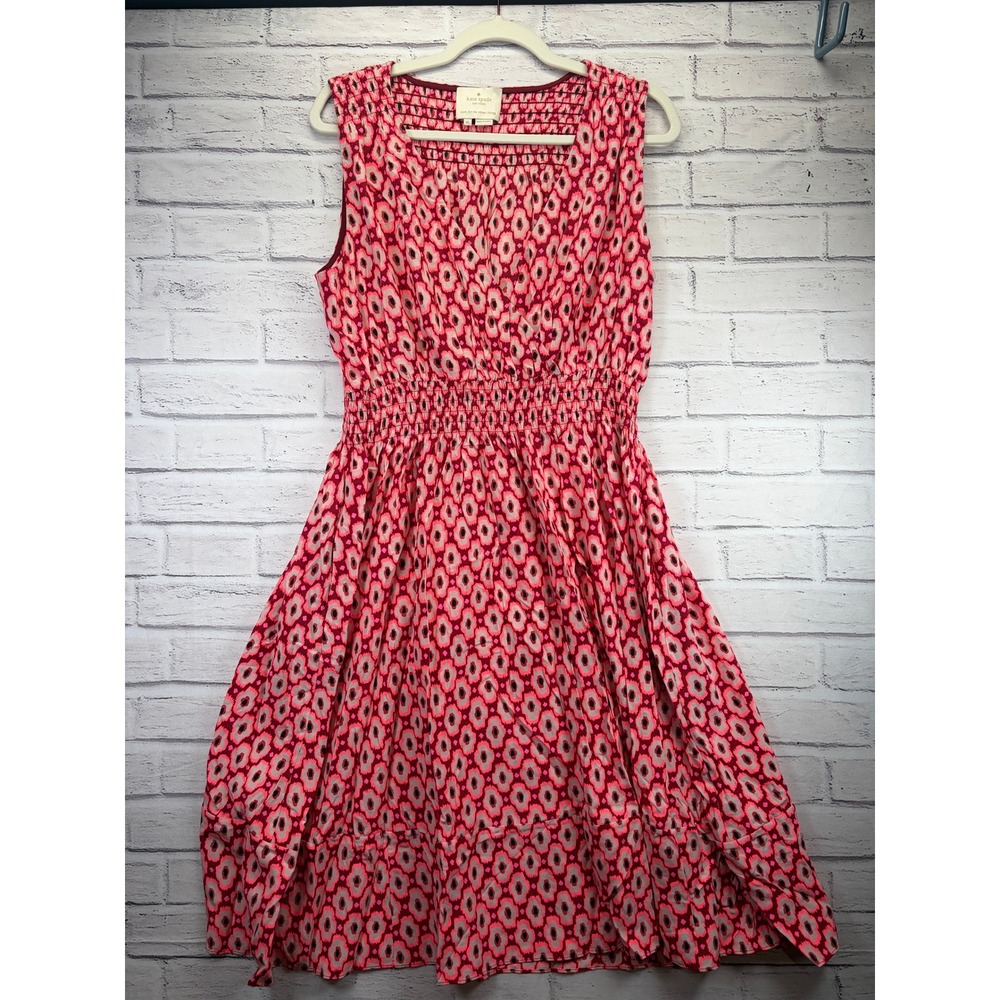 Kate Spade Posy Ikat Silk Patterned Midi Dress Women's Size XL Smocked Waist